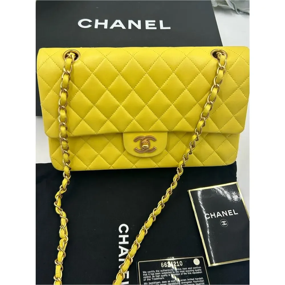 Women's Chanel Classic Quilted double Flap Bag in Yellow with Gold Hardware